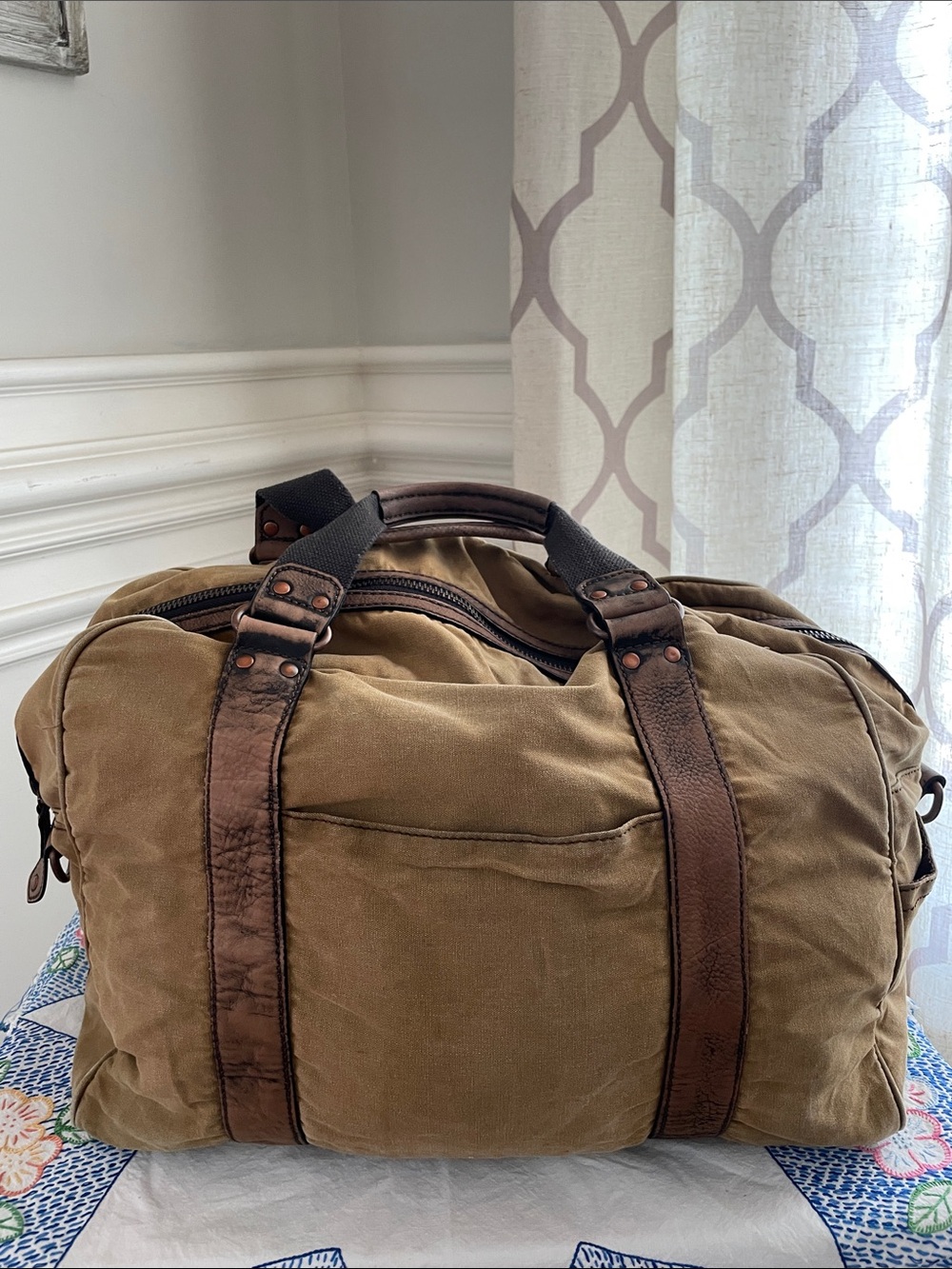 Black Rivet Vintage Inspired Brown Canvas Duffel with Brown Leather Trim